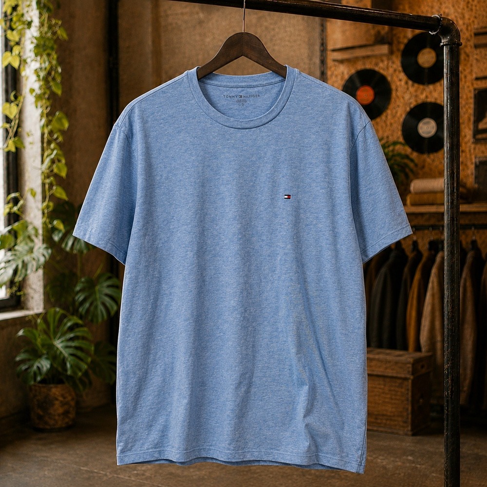 Tommy Hilfiger Mens‎ Blue Heather Embroidered Logo Short Sleeve T-Shirt Size L